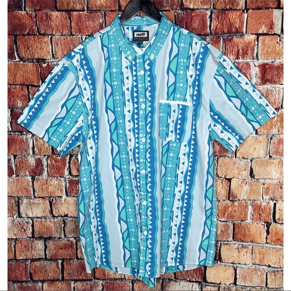Neff Men’s Morris Button Front Short Sleeve XXL 90s Rad Shirt Blue Green White - Picture 2 of 4